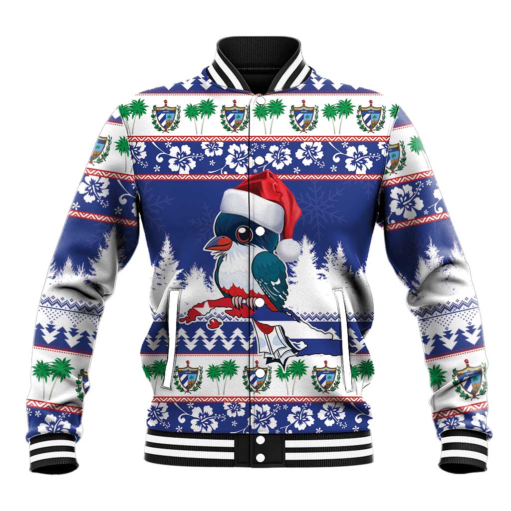 Unisex blue baseball jacket with festive penguin and Cuban pattern, ribbed cuffs