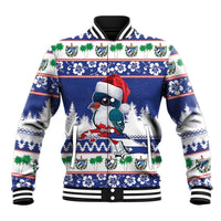 Unisex blue baseball jacket with festive penguin and Cuban pattern, ribbed cuffs