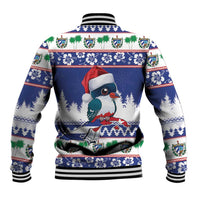 Unisex blue baseball jacket back with penguin in red Santa hat, striped rib hem