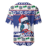 Blue baseball jersey back with cartoon bird and Santa hat, full patterned graphics