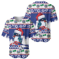 Blue baseball jersey set showing front and back, cartoon bird with Santa hat