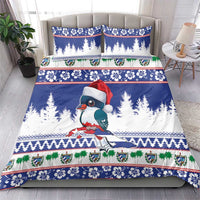 Blue holiday bedding set with duvet and two pillowcases, bird with Santa hat and pine pattern