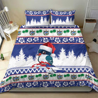 Blue holiday bedding set: duvet with bird in Santa hat, pine motifs, red/green holiday bands