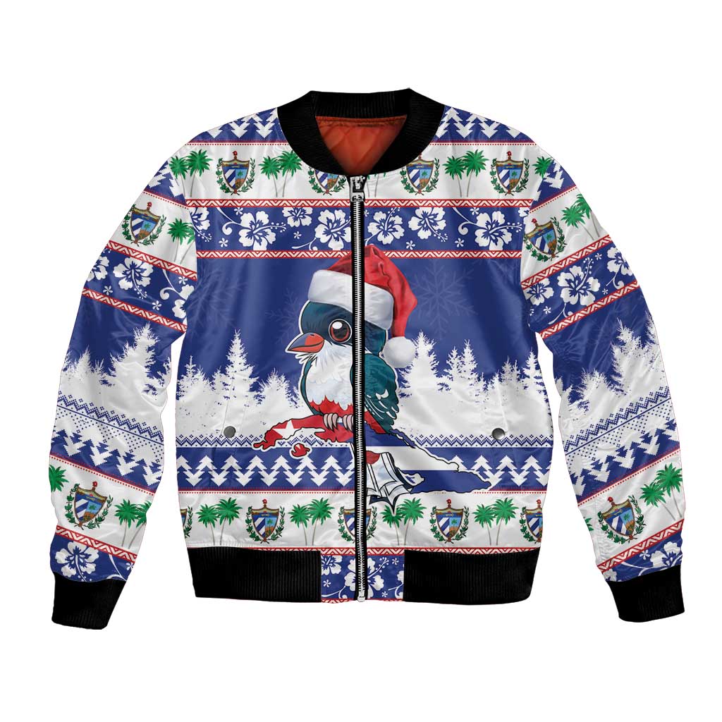 Blue unisex bomber jacket with full-zip front, festive bird and map print