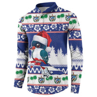 Blue Christmas sweatshirt with toucan in Santa hat and multicolor holiday stripes