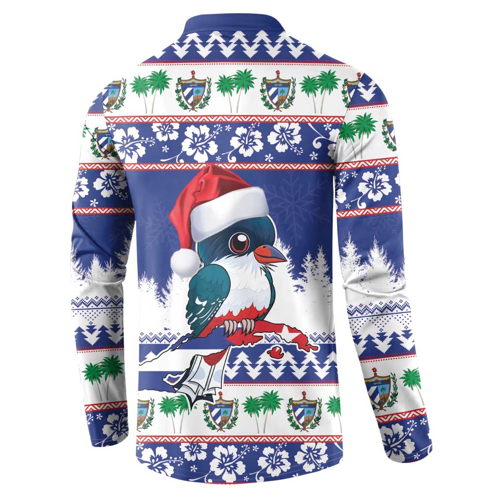 Blue Christmas sweatshirt with cartoon toucan, Santa hat, and festive patterned trim