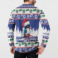Blue Christmas sweatshirt back view with toucan graphic and holiday pattern band