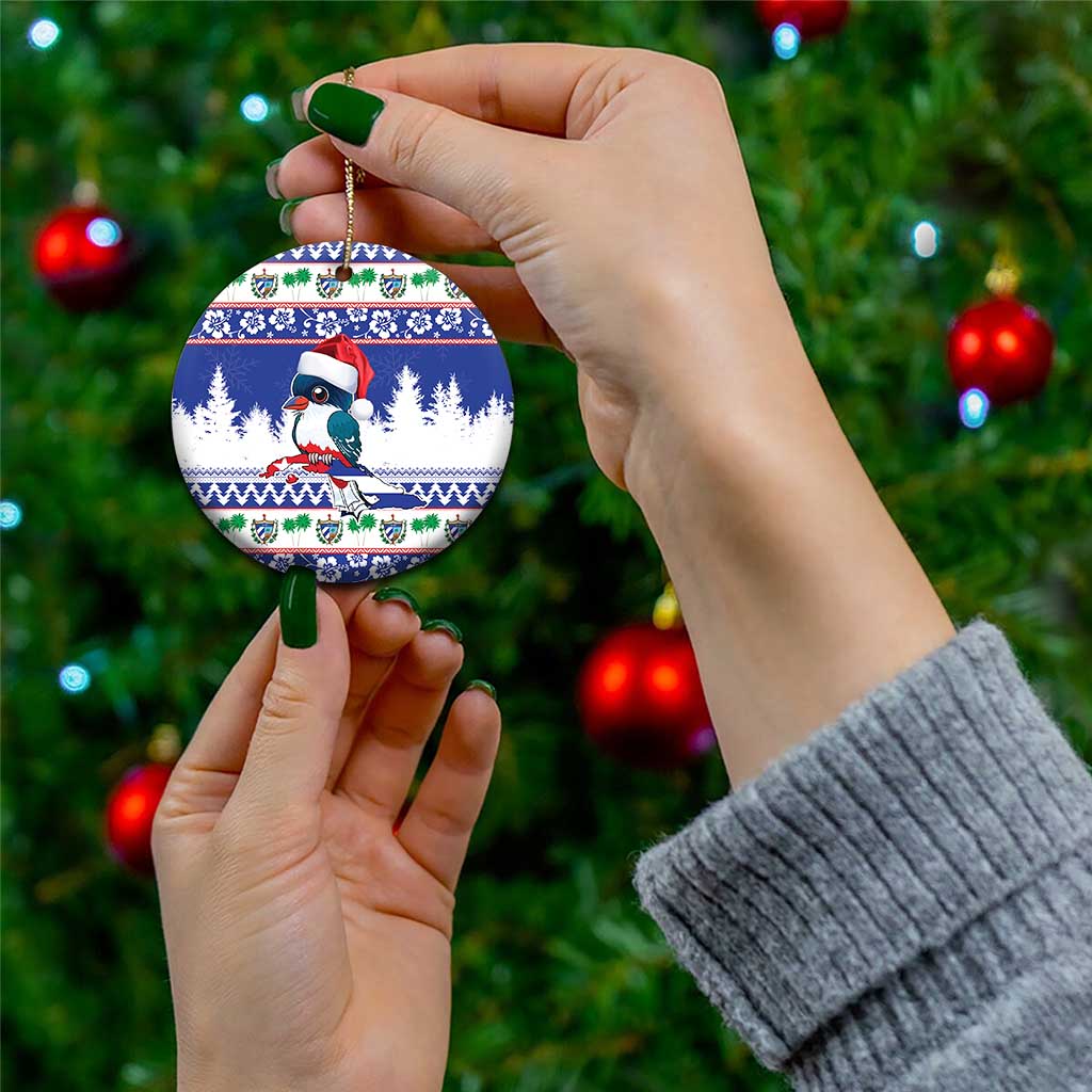 Blue round ceramic Christmas ornament with bird in Santa hat, held in hands
