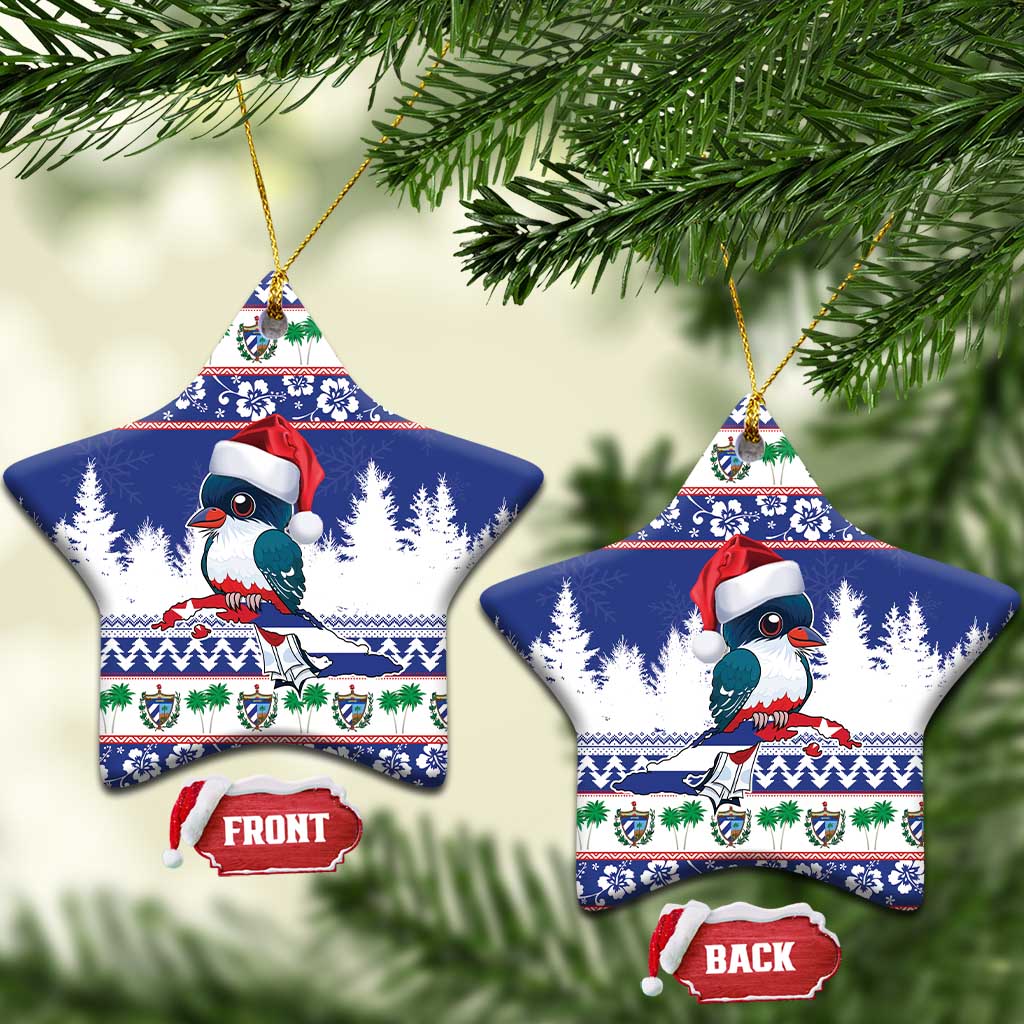 Blue ceramic star-shaped Christmas ornaments with bird wearing Santa hat, front and back