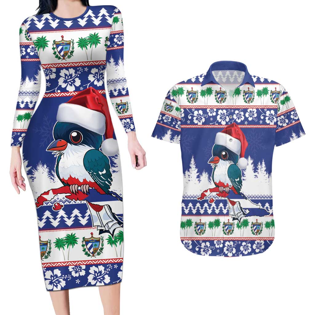 Cuba Christmas Couples Matching Long Sleeve Bodycon Dress and Hawaiian Shirt Cuban Trogon Map With Feliz Navidad - Wonder Print Shop