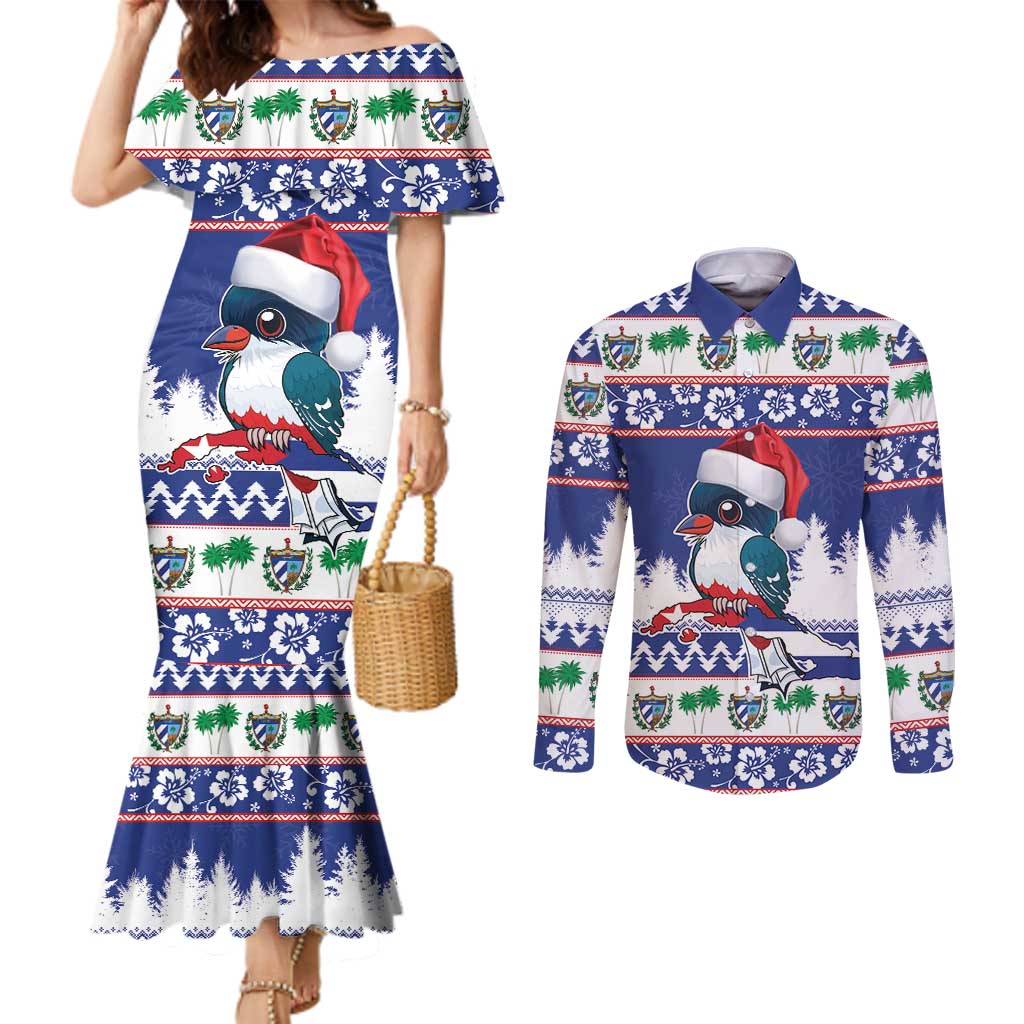 Cuba Christmas Couples Matching Mermaid Dress and Long Sleeve Button Shirt Cuban Trogon Map With Feliz Navidad