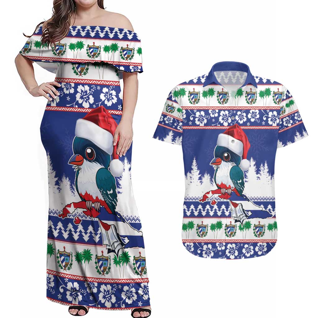 Cuba Christmas Couples Matching Off Shoulder Maxi Dress and Hawaiian Shirt Cuban Trogon Map With Feliz Navidad - Wonder Print Shop