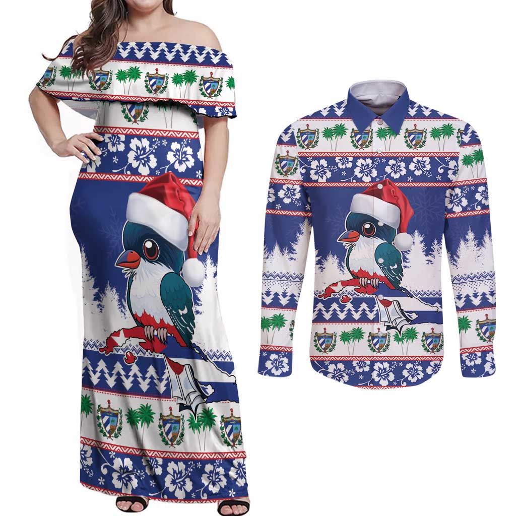 Cuba Christmas Couples Matching Off Shoulder Maxi Dress and Long Sleeve Button Shirt Cuban Trogon Map With Feliz Navidad - Wonder Print Shop