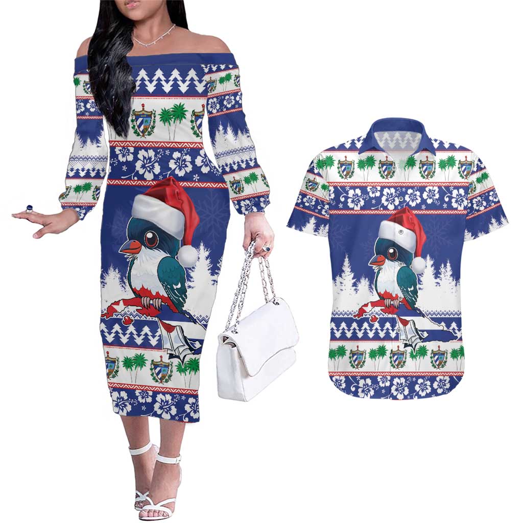 Cuba Christmas Couples Matching Off The Shoulder Long Sleeve Dress and Hawaiian Shirt Cuban Trogon Map With Feliz Navidad - Wonder Print Shop