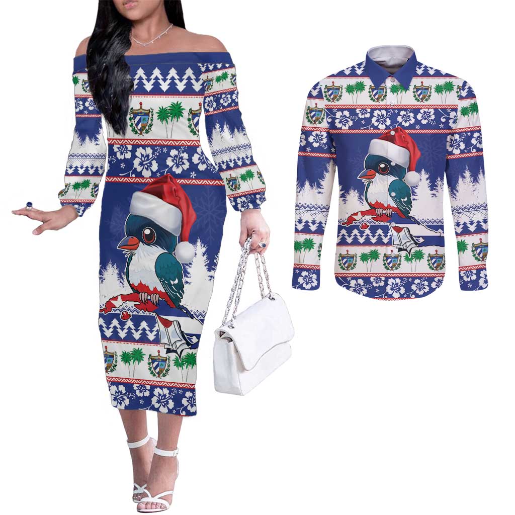 Cuba Christmas Couples Matching Off The Shoulder Long Sleeve Dress and Long Sleeve Button Shirt Cuban Trogon Map With Feliz Navidad