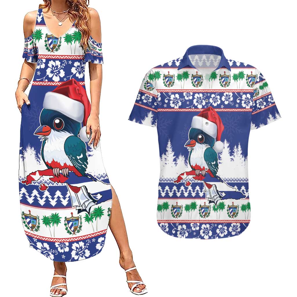 Cuba Christmas Couples Matching Summer Maxi Dress and Hawaiian Shirt Cuban Trogon Map With Feliz Navidad - Wonder Print Shop