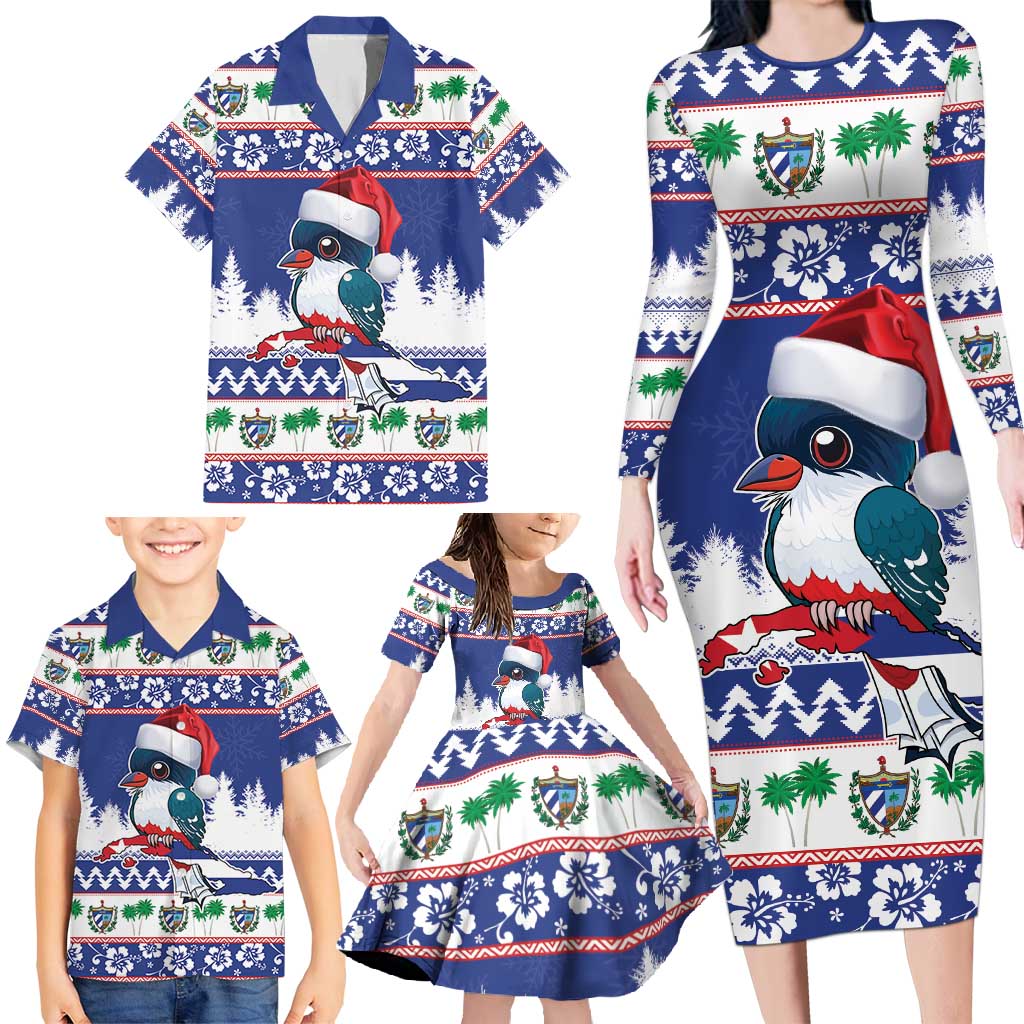 Cuba Christmas Family Matching Long Sleeve Bodycon Dress and Hawaiian Shirt Cuban Trogon Map With Feliz Navidad - Wonder Print Shop