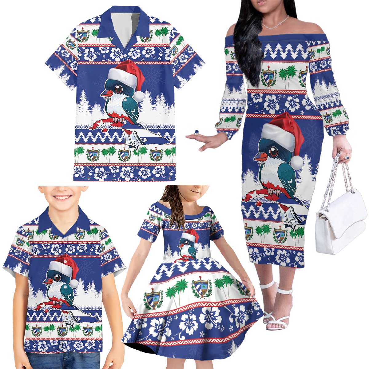 Cuba Christmas Family Matching Off The Shoulder Long Sleeve Dress and Hawaiian Shirt Cuban Trogon Map With Feliz Navidad - Wonder Print Shop