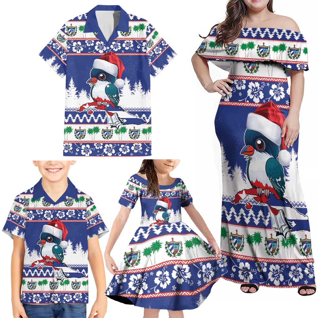 Cuba Christmas Family Matching Off Shoulder Maxi Dress and Hawaiian Shirt Cuban Trogon Map With Feliz Navidad - Wonder Print Shop