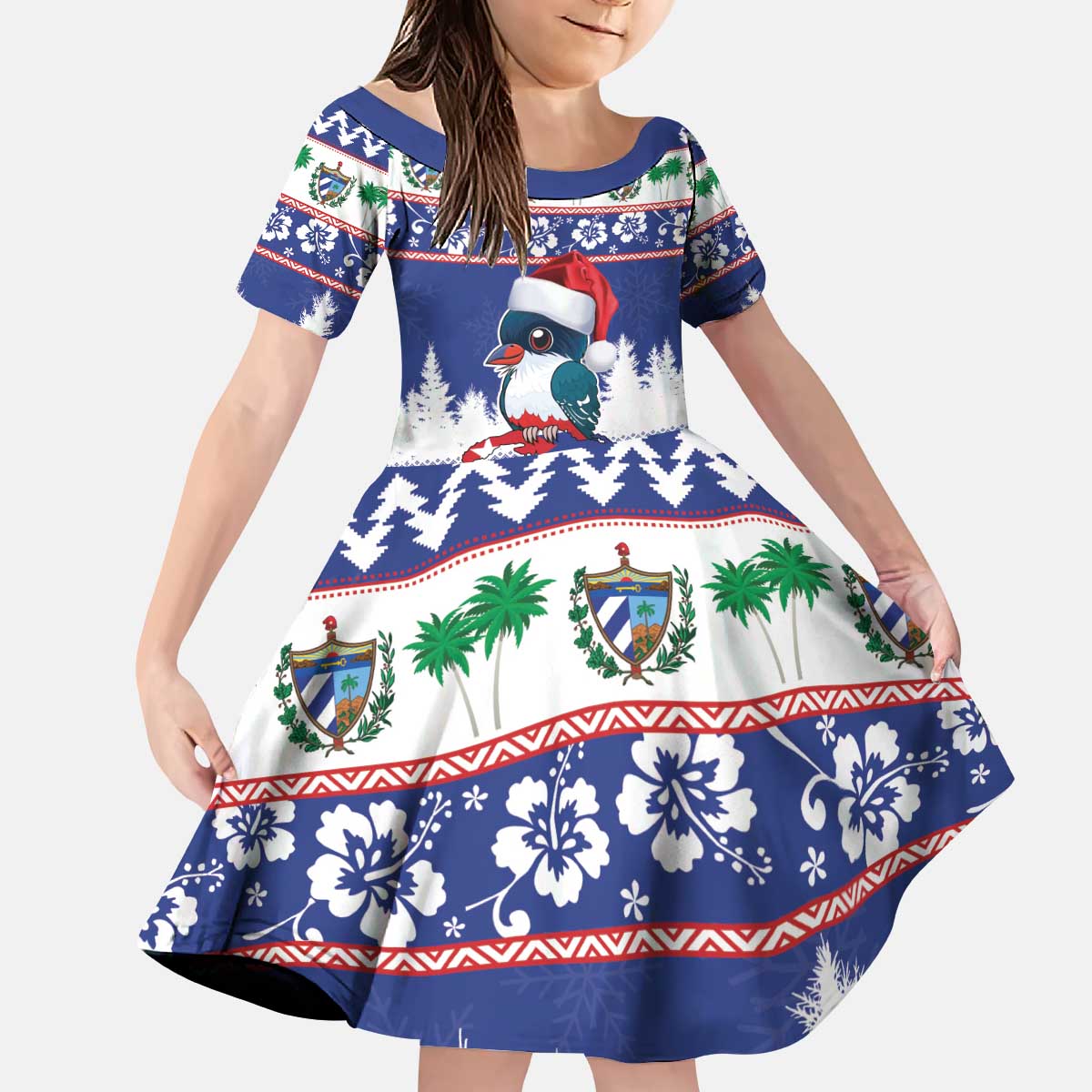 Cuba Christmas Kid Short Sleeve Dress Cuban Trogon Map With Feliz Navidad - Wonder Print Shop