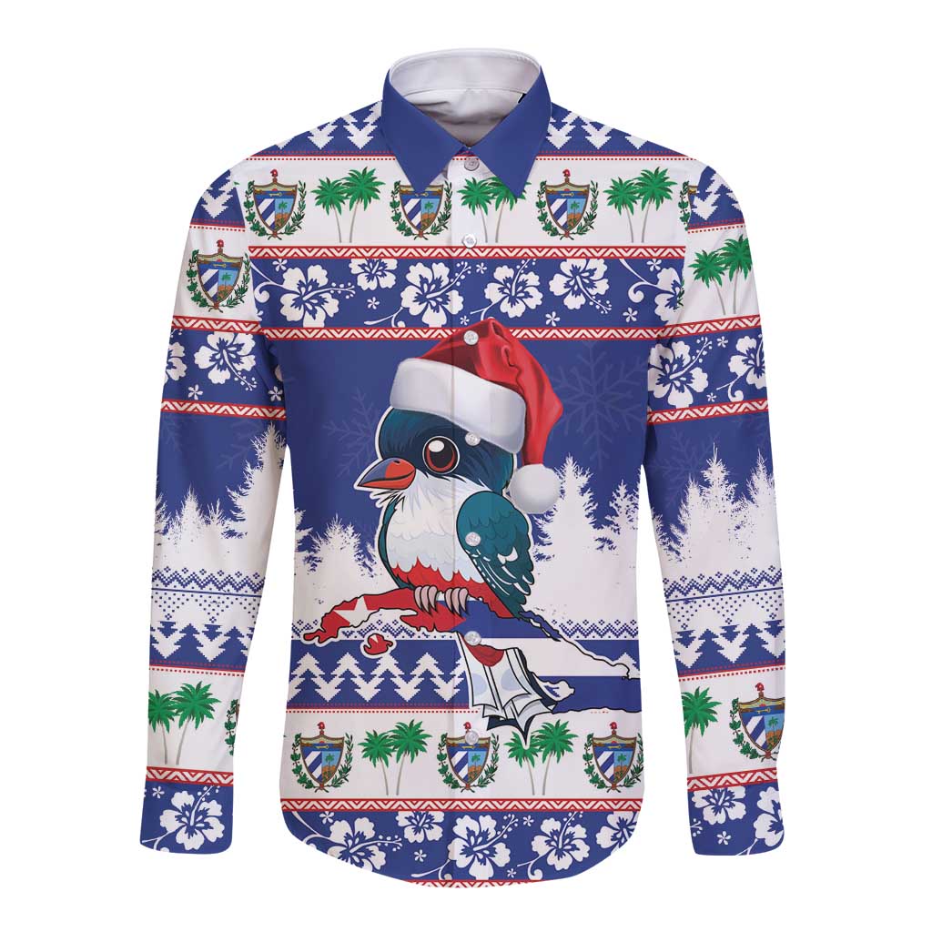 Blue unisex long-sleeve button shirt with bird, Santa hat, and holiday stripe motifs