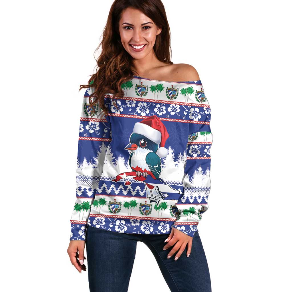 Cuba Christmas Off Shoulder Sweater Cuban Trogon Map With Feliz Navidad - Wonder Print Shop