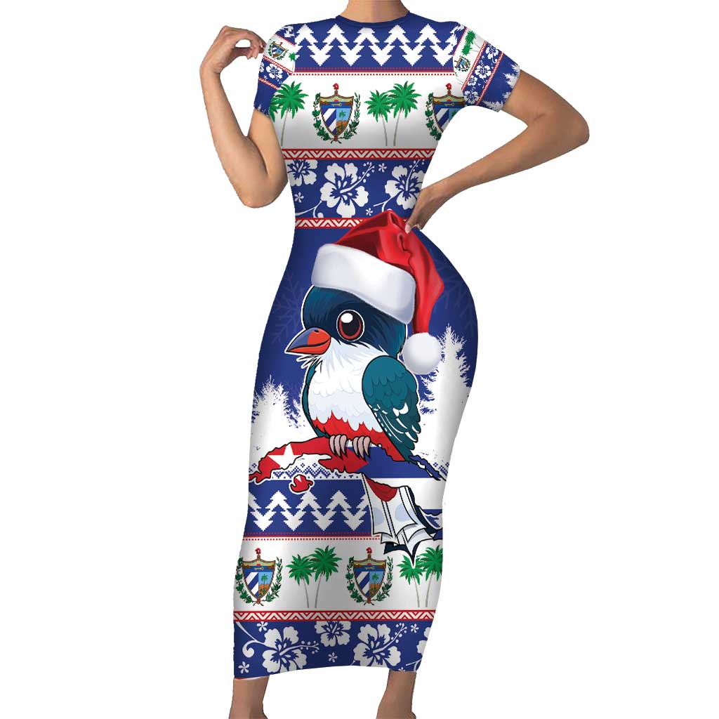 Cuba Christmas Short Sleeve Bodycon Dress Cuban Trogon Map With Feliz Navidad - Wonder Print Shop