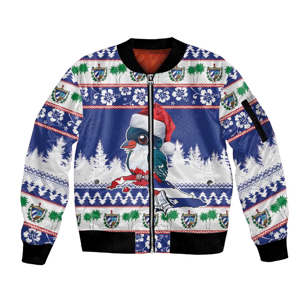 Cuba Christmas Sleeve Zip Bomber Jacket Cuban Trogon Map With Feliz Navidad - Wonder Print Shop