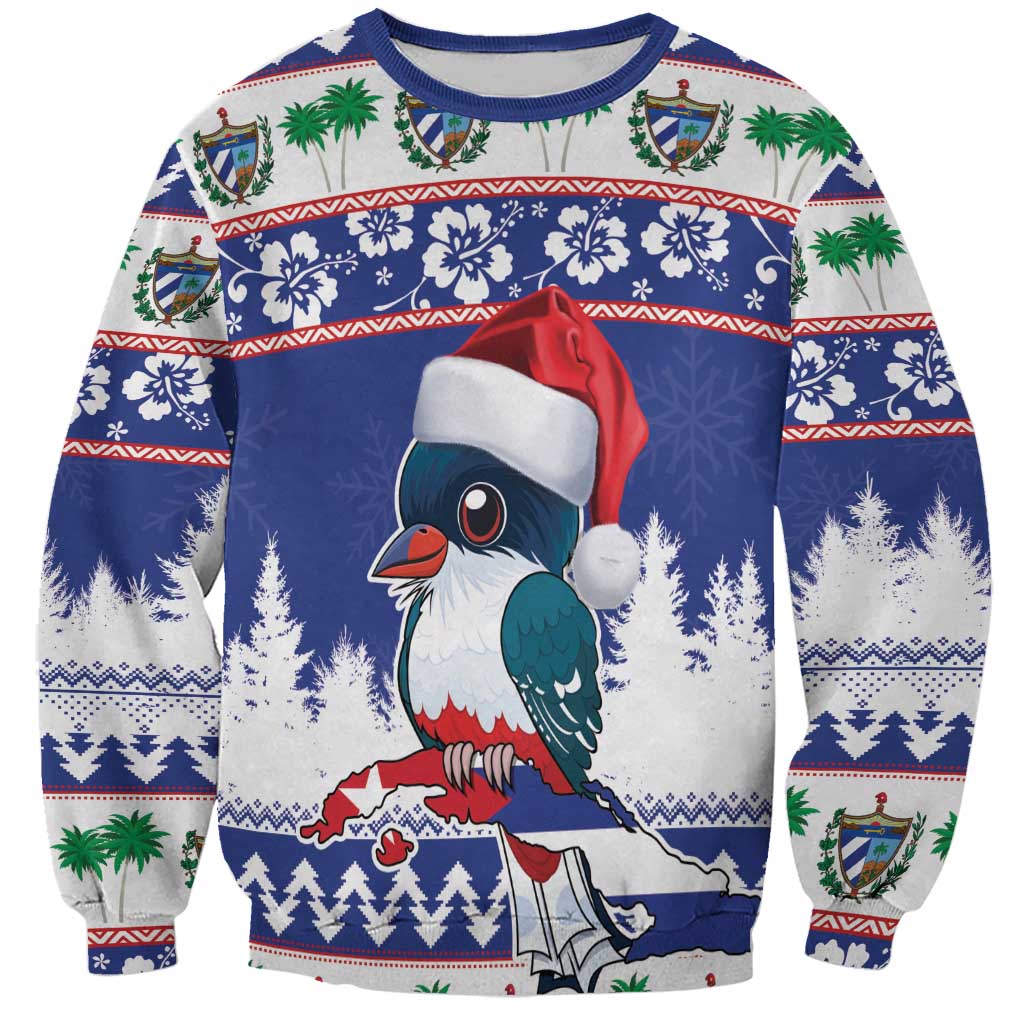 Unisex blue Christmas sweatshirt with cartoon parrot in Santa hat and festive holiday pattern