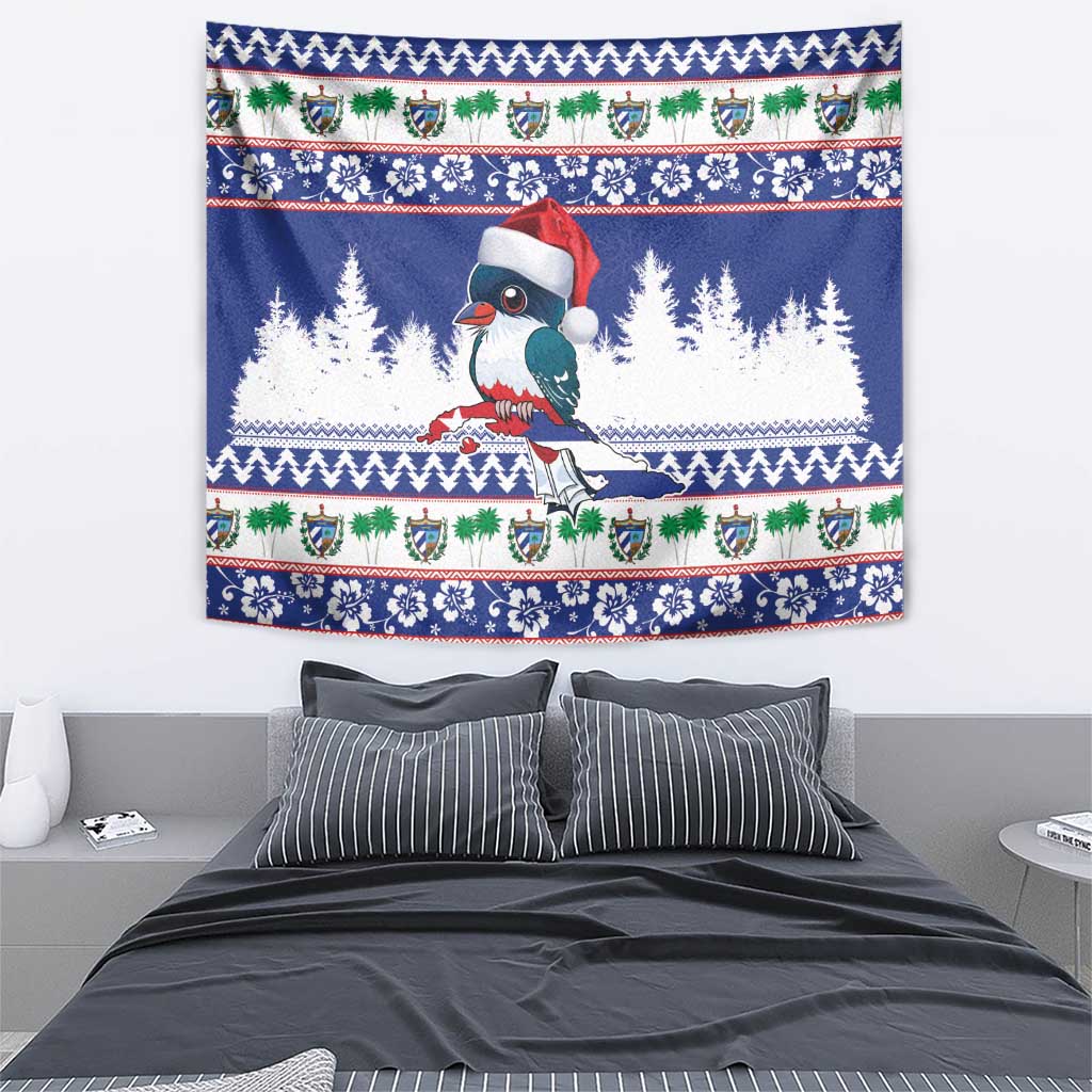 Blue bird Christmas tapestry featuring a Santa-hat toucan and patterned holiday trim