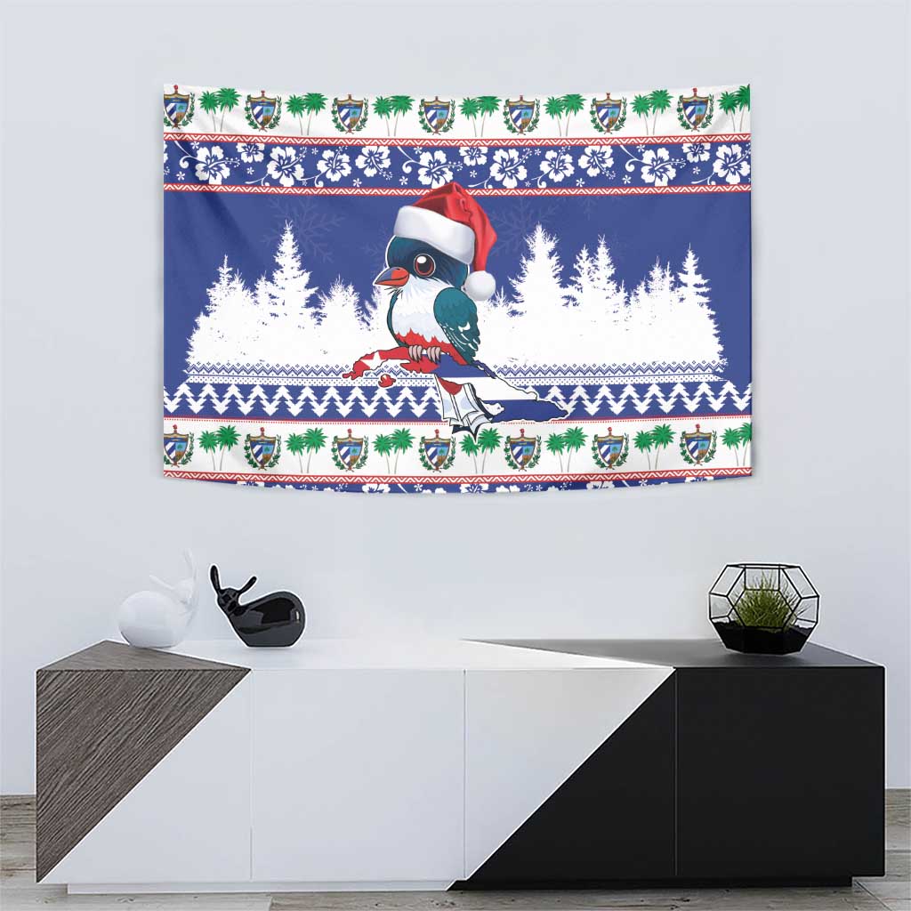 Blue Christmas bird tapestry with Santa-hat bird, snowy trees, and colorful patterned border