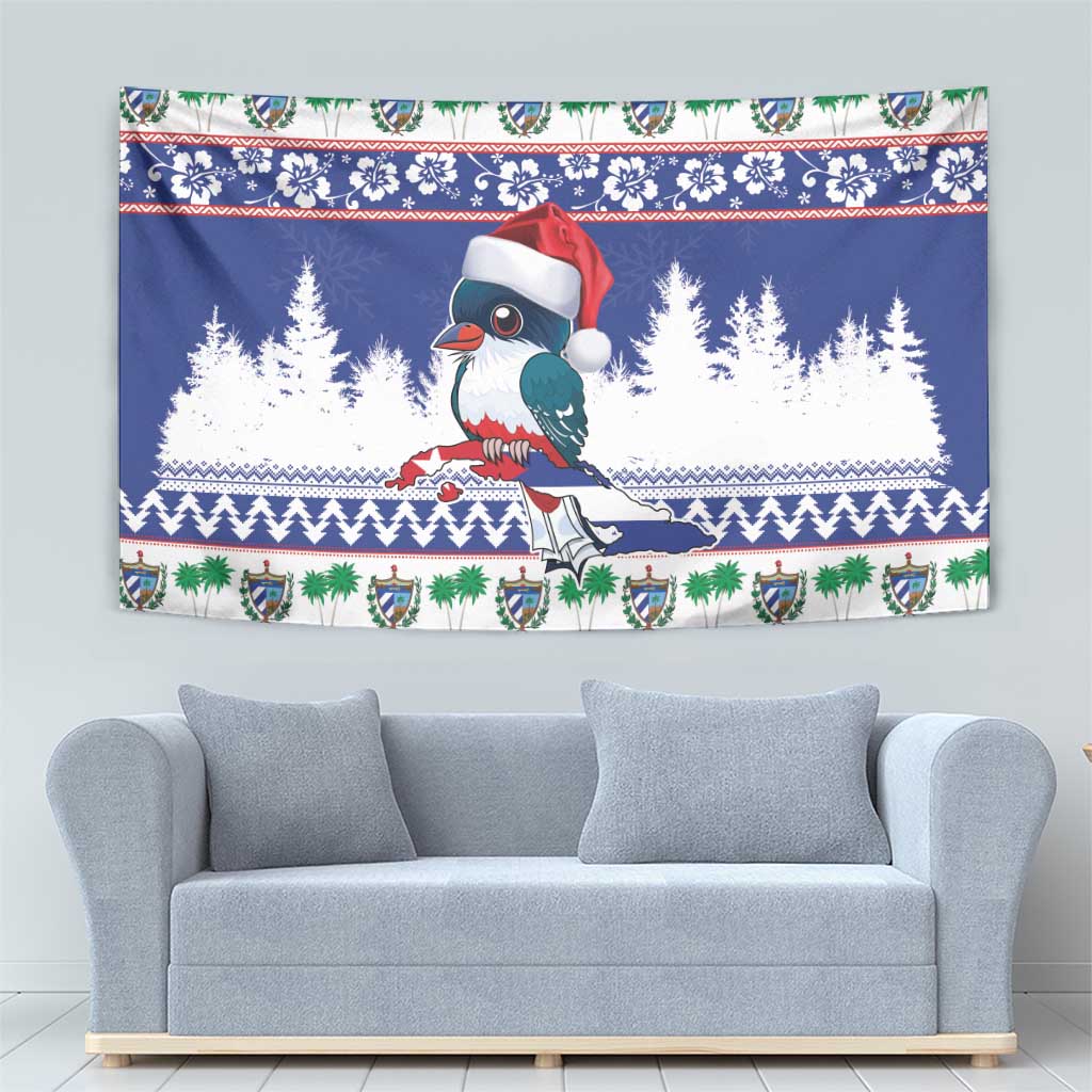Blue Santa-hat bird Christmas tapestry with pine silhouettes and festive garland border