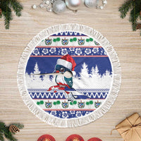 Blue round tree skirt with white fringe edge, colorful tropical bird and festive border