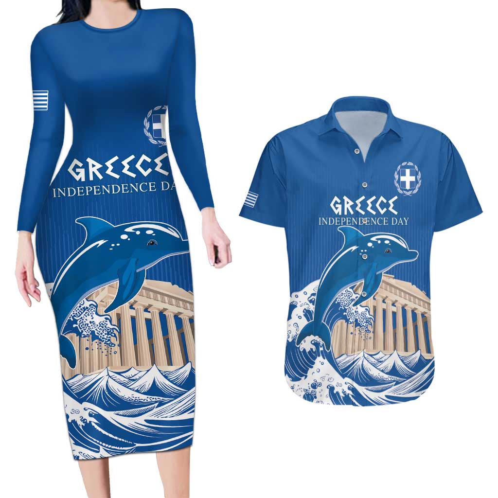 Personalized Greece Independence Day Couples Matching Long Sleeve Bodycon Dress and Hawaiian Shirt Parthenon Eleftheria i Thanatos