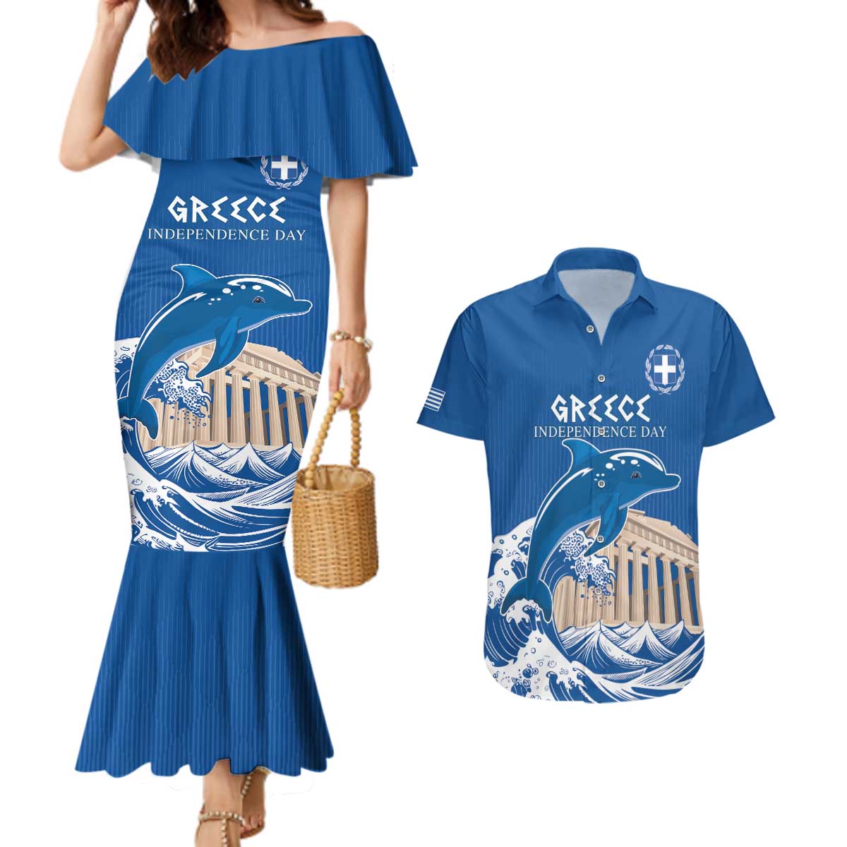 Personalized Greece Independence Day Couples Matching Mermaid Dress and Hawaiian Shirt Parthenon Eleftheria i Thanatos