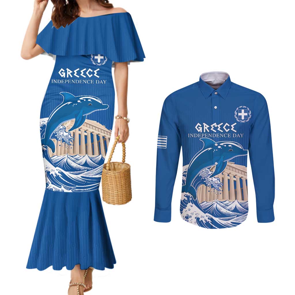 Personalized Greece Independence Day Couples Matching Mermaid Dress and Long Sleeve Button Shirt Parthenon Eleftheria i Thanatos