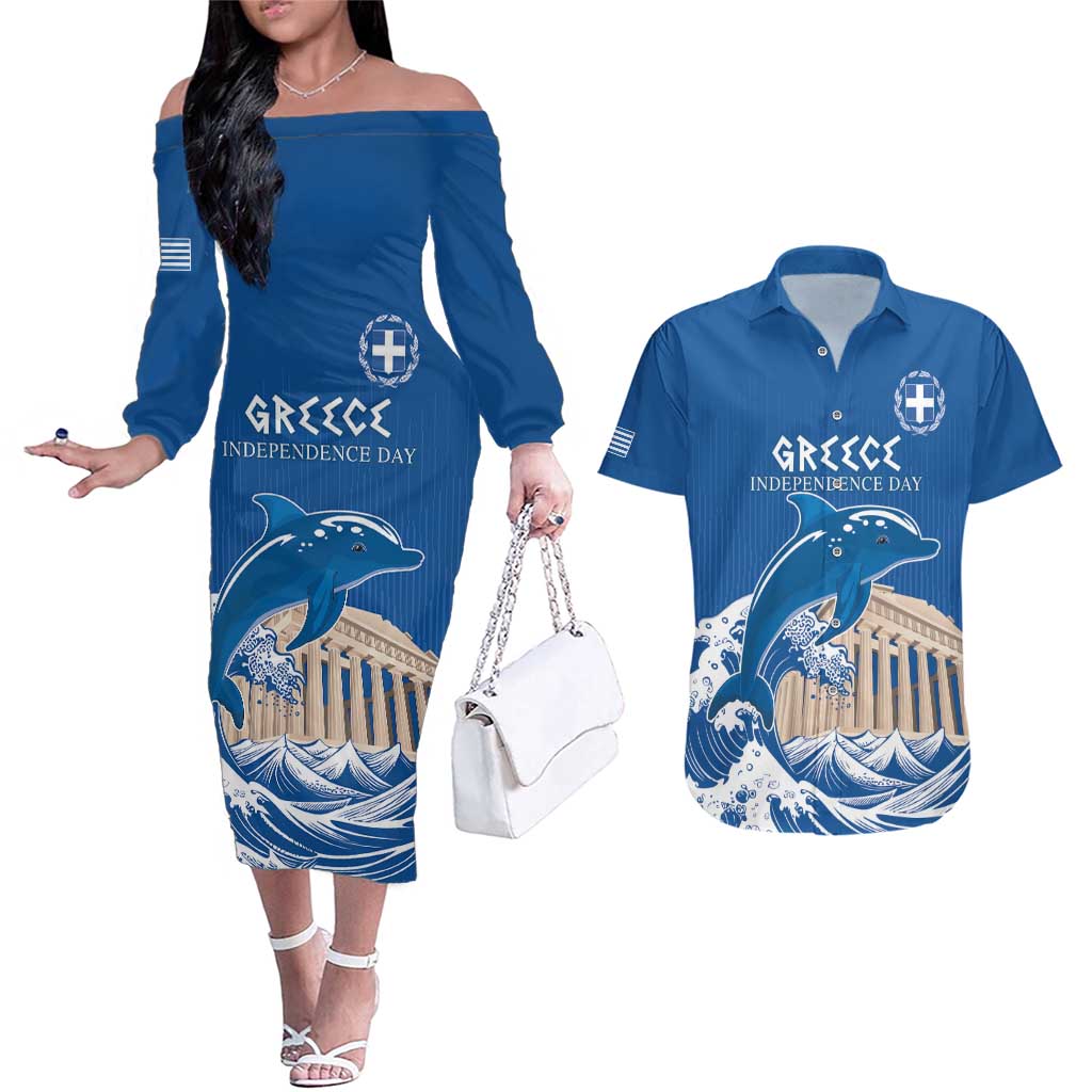 Personalized Greece Independence Day Couples Matching Off The Shoulder Long Sleeve Dress and Hawaiian Shirt Parthenon Eleftheria i Thanatos