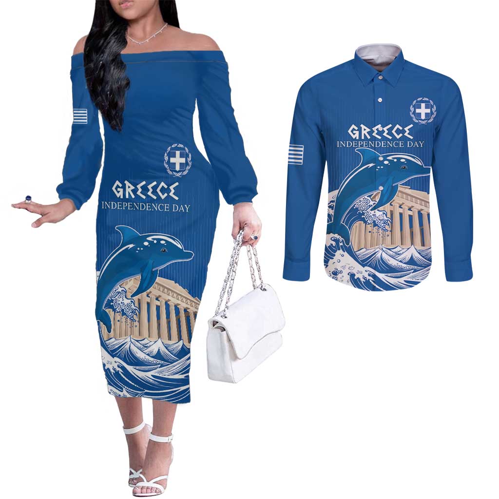 Personalized Greece Independence Day Couples Matching Off The Shoulder Long Sleeve Dress and Long Sleeve Button Shirt Parthenon Eleftheria i Thanatos