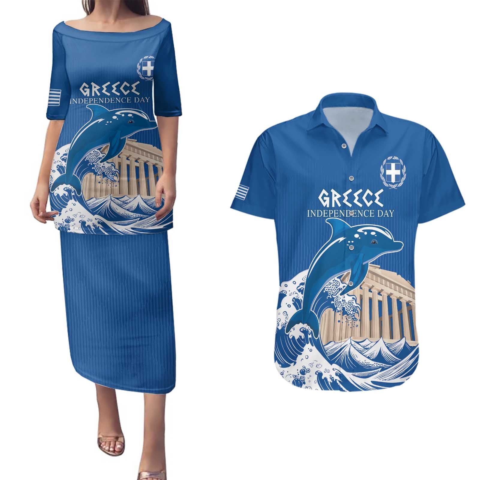 Personalized Greece Independence Day Couples Matching Puletasi and Hawaiian Shirt Parthenon Eleftheria i Thanatos