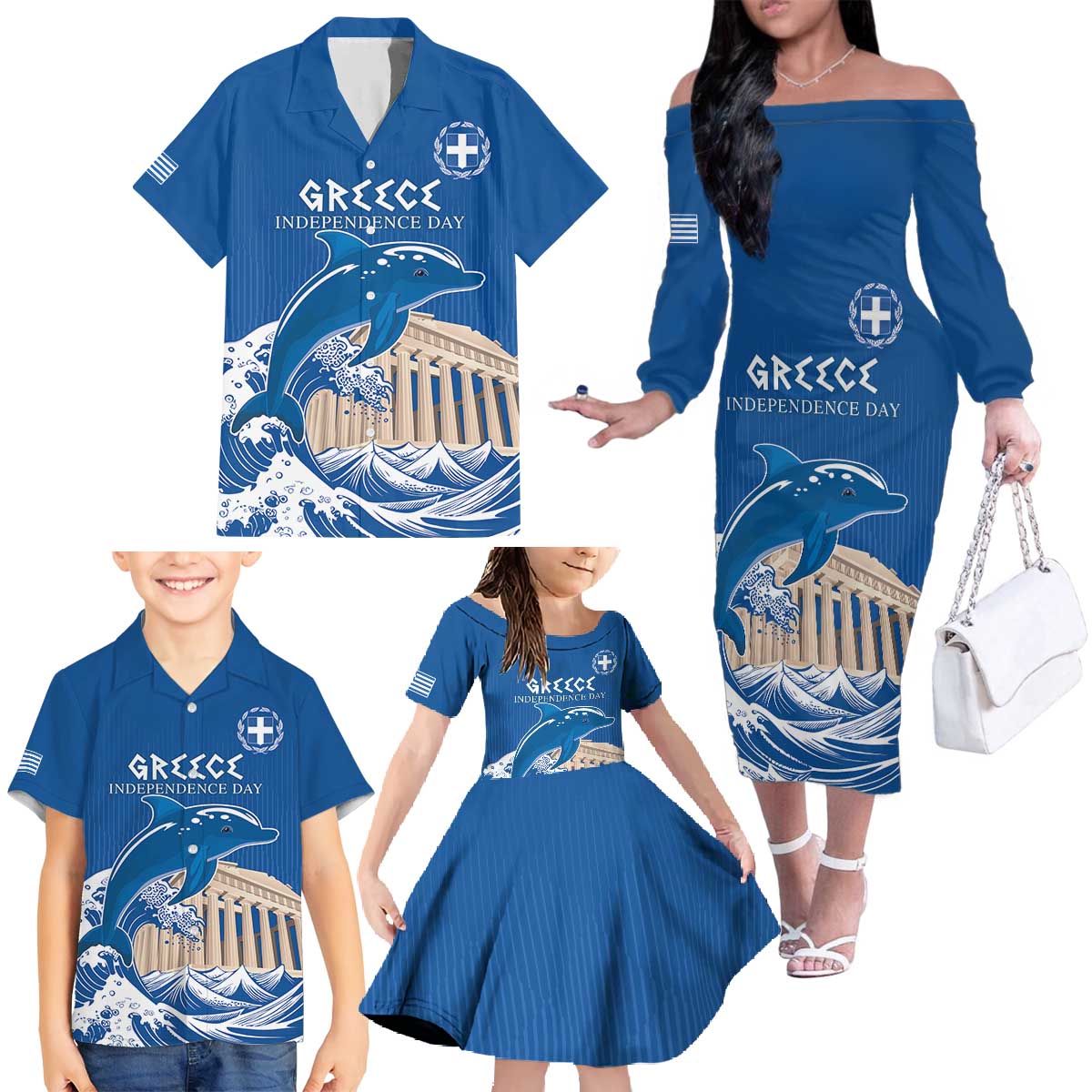 Personalized Greece Independence Day Family Matching Off The Shoulder Long Sleeve Dress and Hawaiian Shirt Parthenon Eleftheria i Thanatos