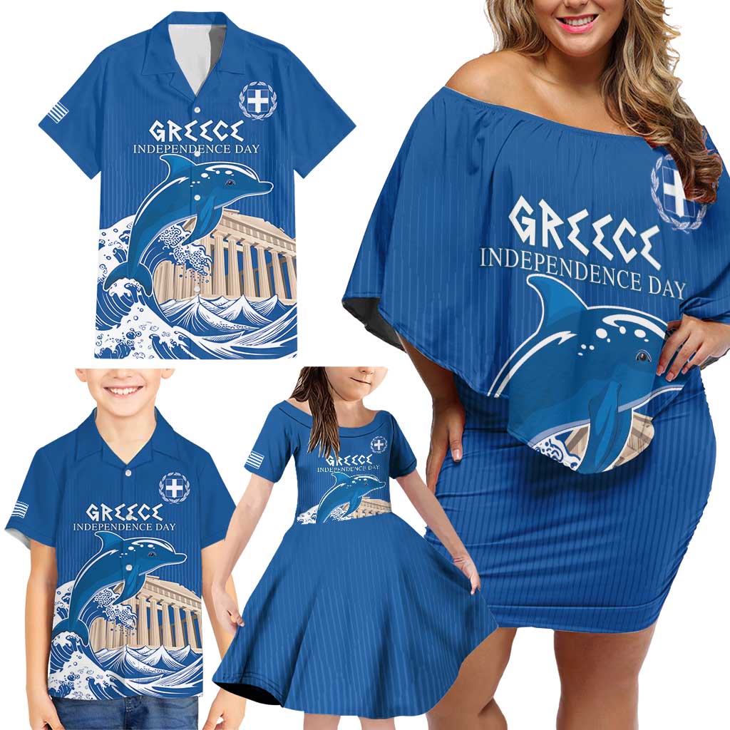 Personalized Greece Independence Day Family Matching Off Shoulder Short Dress and Hawaiian Shirt Parthenon Eleftheria i Thanatos