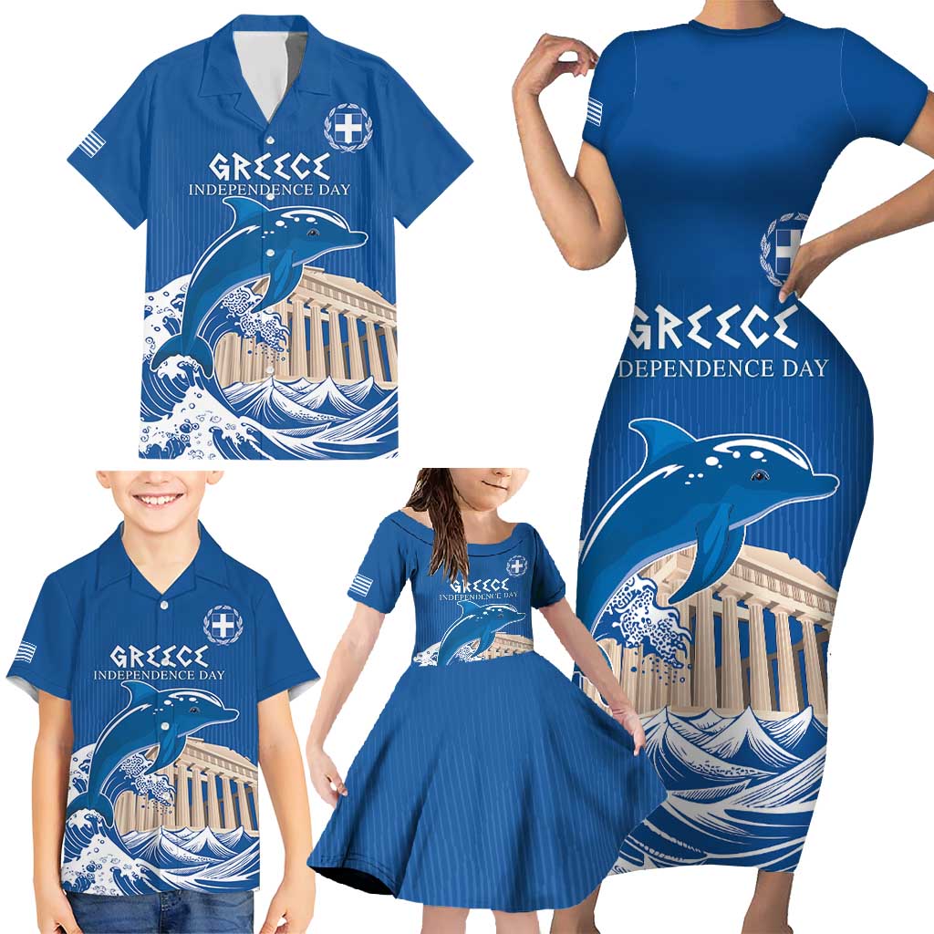 Personalized Greece Independence Day Family Matching Short Sleeve Bodycon Dress and Hawaiian Shirt Parthenon Eleftheria i Thanatos