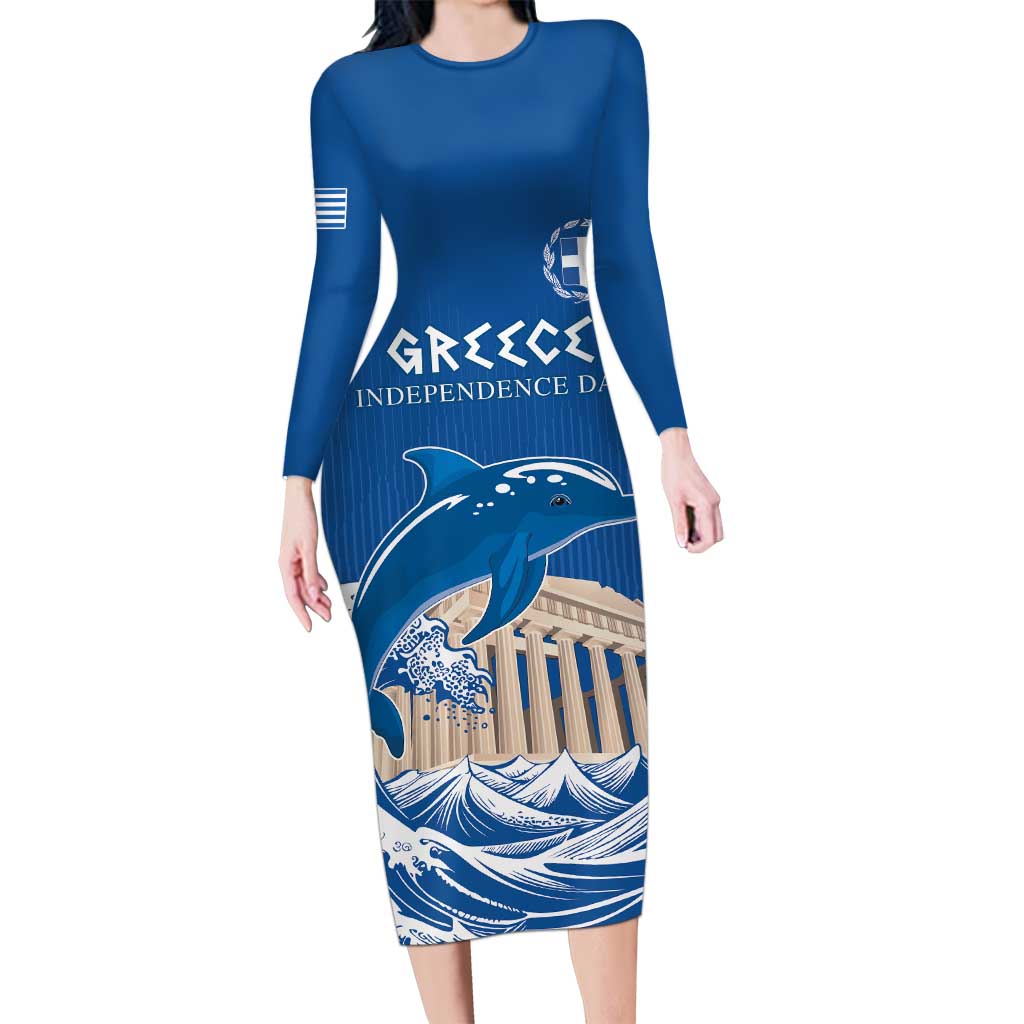 Personalized Greece Independence Day Long Sleeve Bodycon Dress Parthenon Eleftheria i Thanatos