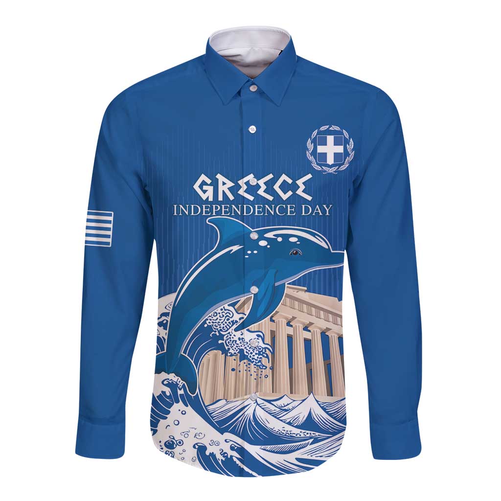 Personalized Greece Independence Day Long Sleeve Button Shirt Parthenon Eleftheria i Thanatos