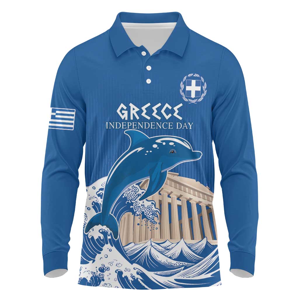 Personalized Greece Independence Day Long Sleeve Polo Shirt Parthenon Eleftheria i Thanatos