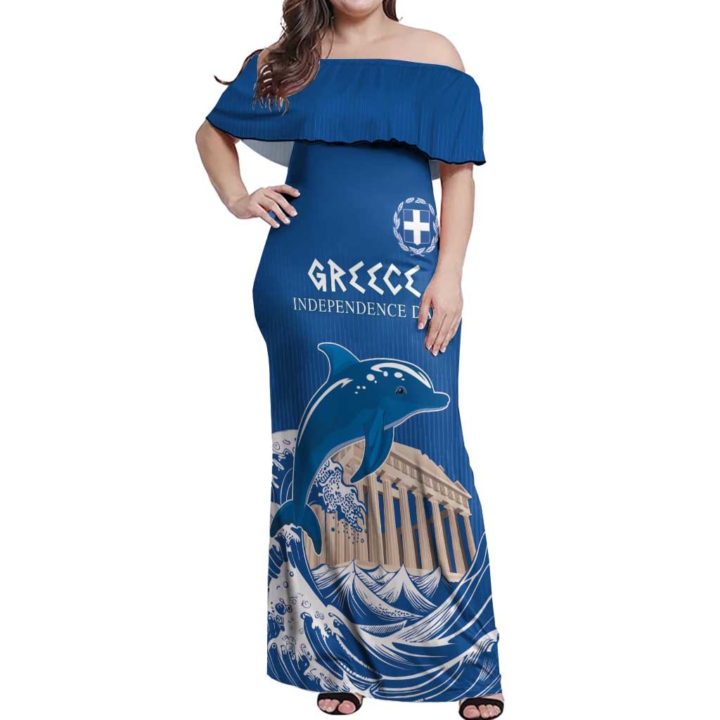 Personalized Greece Independence Day Off Shoulder Maxi Dress Parthenon Eleftheria i Thanatos