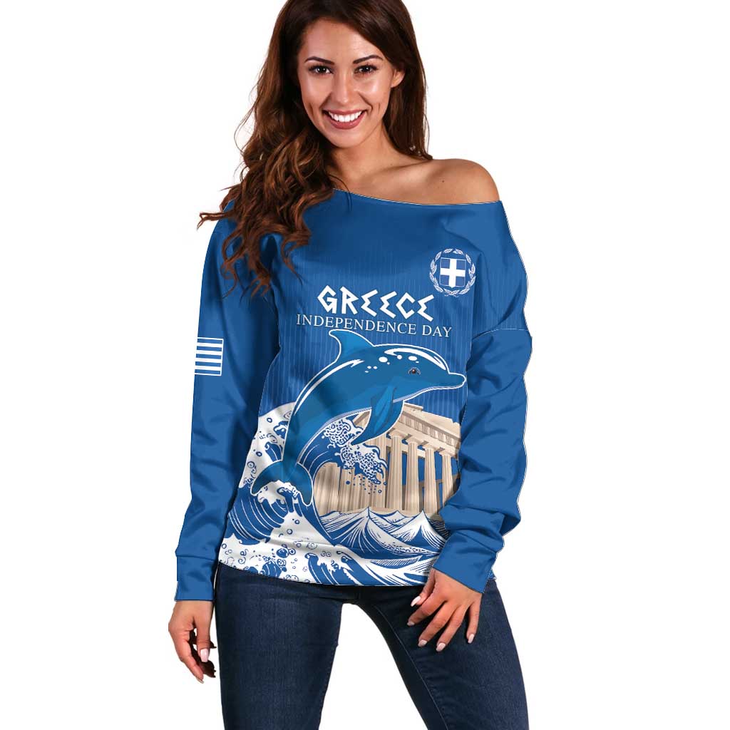 Personalized Greece Independence Day Off Shoulder Sweater Parthenon Eleftheria i Thanatos