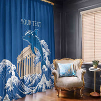 Blue window curtain with Parthenon and dolphin wave print; includes 'YOUR TEXT'.