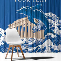 Blue window curtain fabric with Parthenon and dolphin wave print; 'YOUR TEXT' visible.