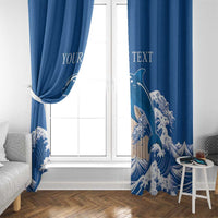 Blue window curtains with Parthenon and dolphin waves; 'YOUR TEXT' and 'TEXT'.